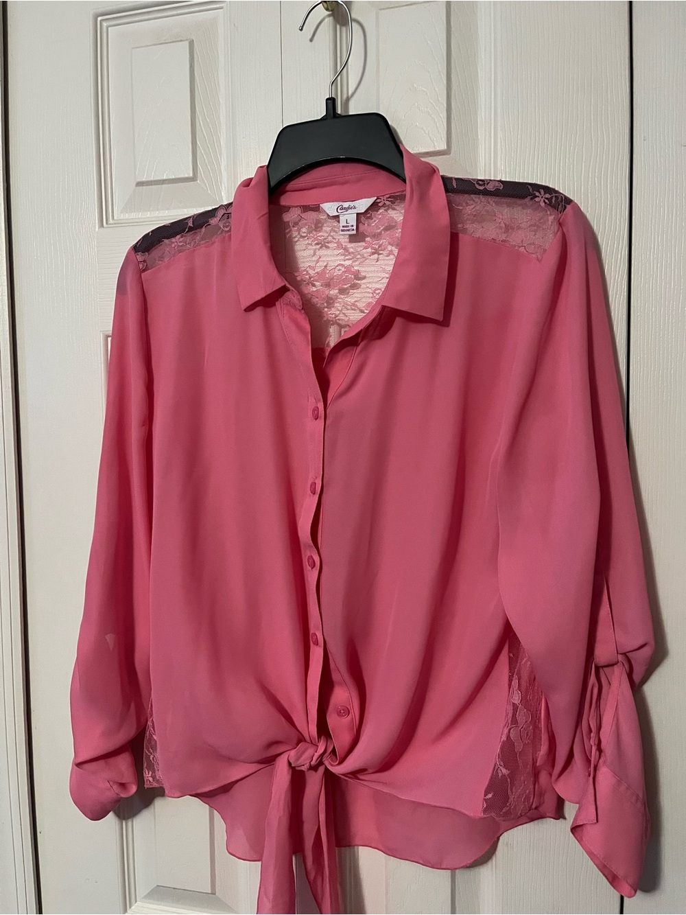 Candie's Pink Lace-Back Tie-Front Blouse